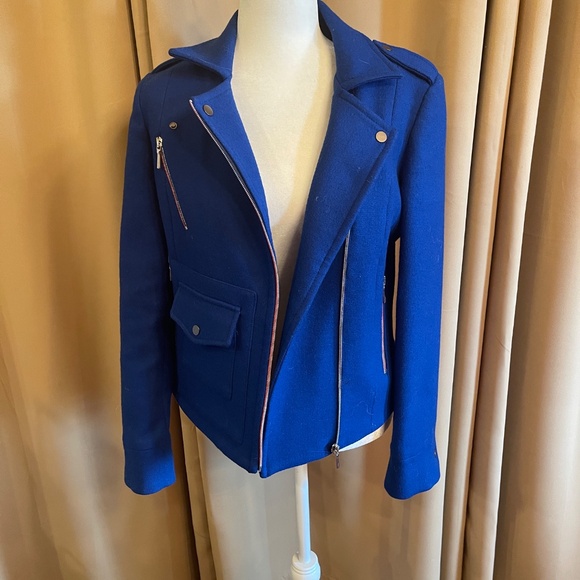 NEW! Falconnable Blue Wool Moto Jacket Size 38/6 - Picture 11 of 15